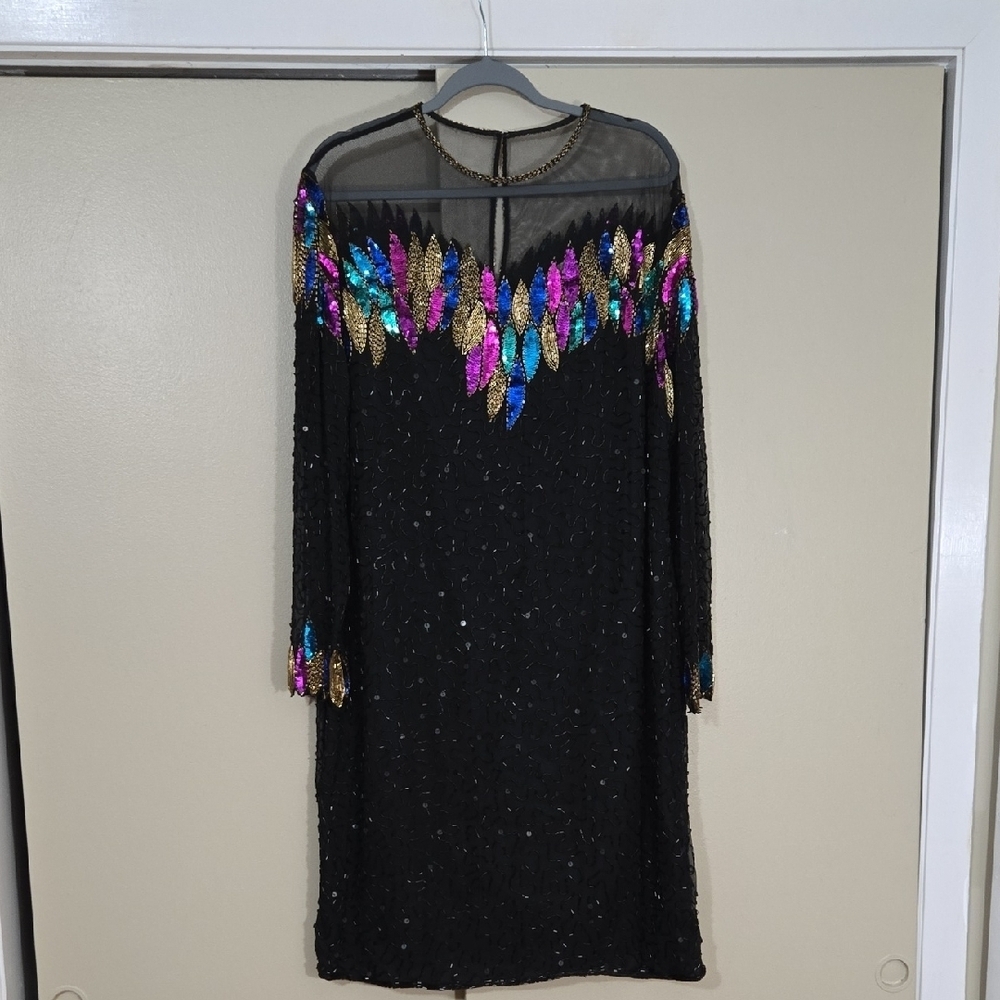 Maison Magique Black Sequin & Beaded Dress with Colorful Accents Size XL